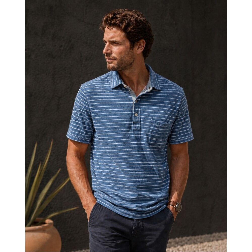 Faherty Striped Knit Polo Shirt XL white indigo blue Pocket Coastal Casual Luxur